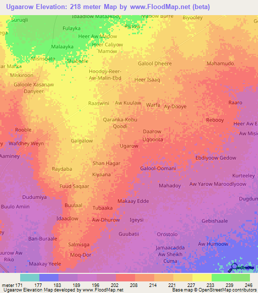 Ugaarow,Somalia Elevation Map