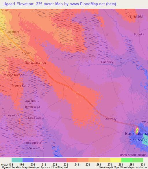 Ugaari,Somalia Elevation Map