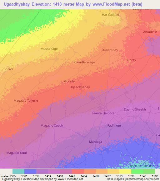 Ugaadhyahay,Somalia Elevation Map
