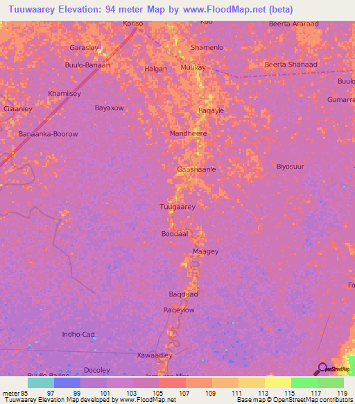 Tuuwaarey,Somalia Elevation Map