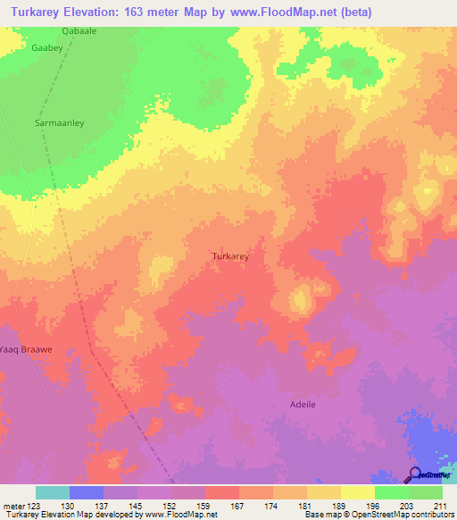 Turkarey,Somalia Elevation Map