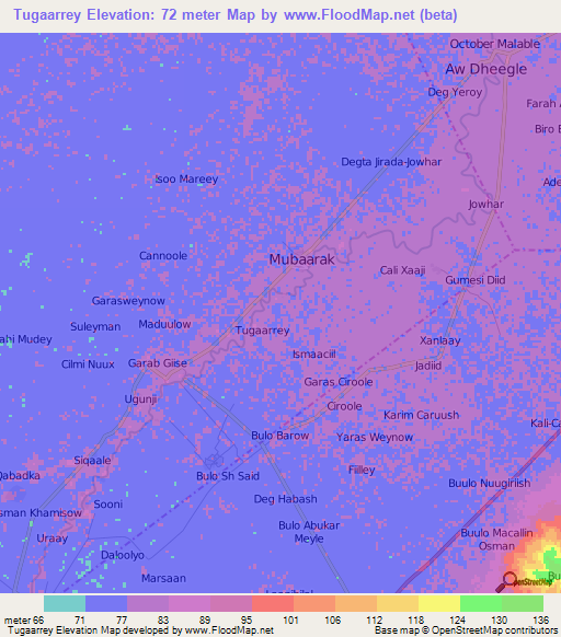 Tugaarrey,Somalia Elevation Map