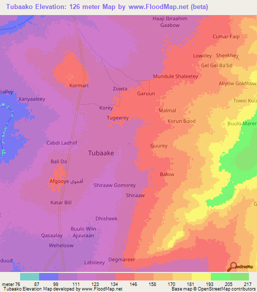 Tubaako,Somalia Elevation Map