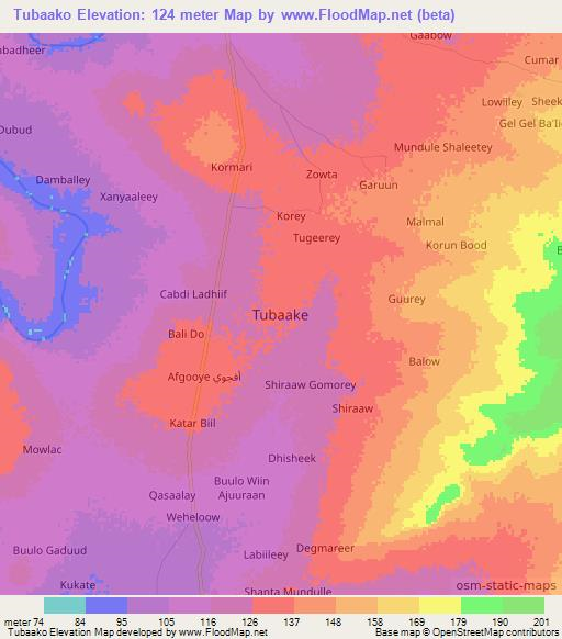 Tubaako,Somalia Elevation Map