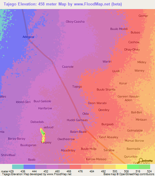 Tajego,Somalia Elevation Map