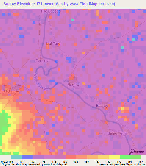 Sugow,Somalia Elevation Map