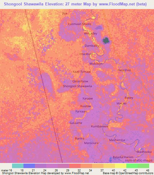 Shongool Shawawila,Somalia Elevation Map