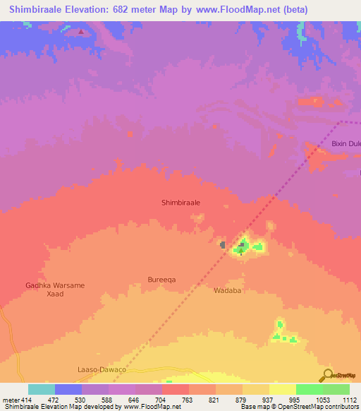 Shimbiraale,Somalia Elevation Map