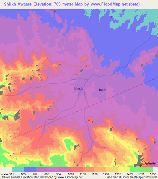 Shiikh Awaare,Somalia Elevation Map