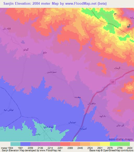 Sanjin,Iran Elevation Map