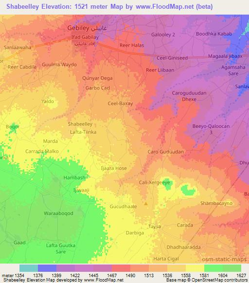 Shabeelley,Somalia Elevation Map