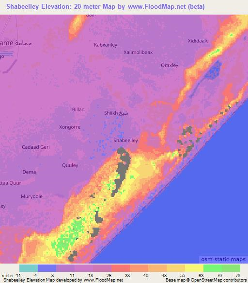 Shabeelley,Somalia Elevation Map
