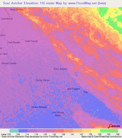 Scec Avicher,Somalia Elevation Map