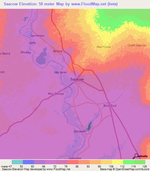Saacow,Somalia Elevation Map