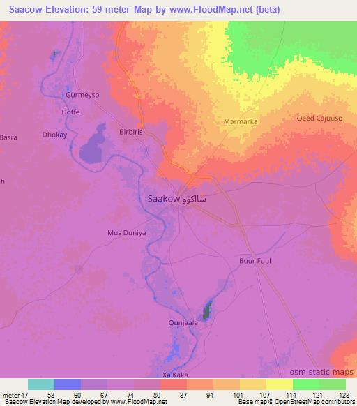 Saacow,Somalia Elevation Map