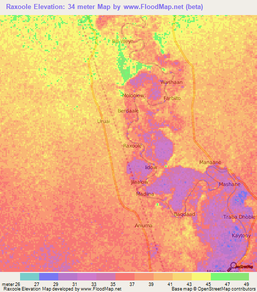 Raxoole,Somalia Elevation Map