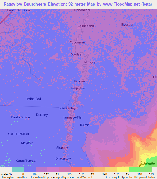 Raqaylow Buurdheere,Somalia Elevation Map