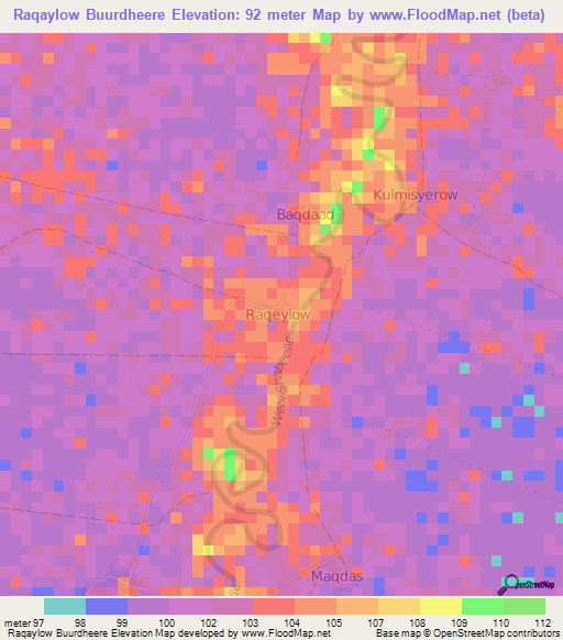 Raqaylow Buurdheere,Somalia Elevation Map