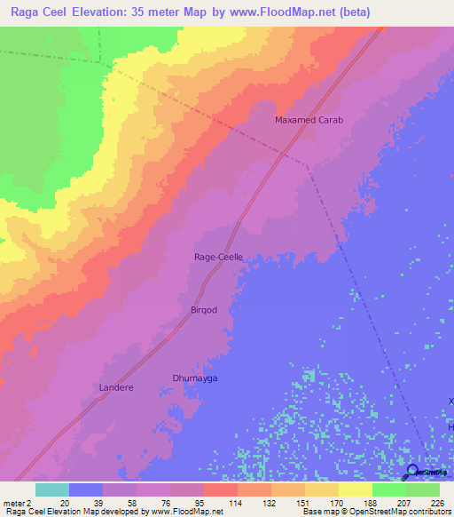 Raga Ceel,Somalia Elevation Map