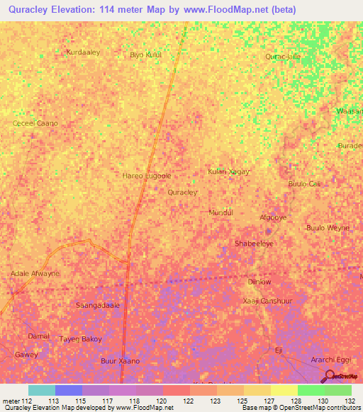 Quracley,Somalia Elevation Map
