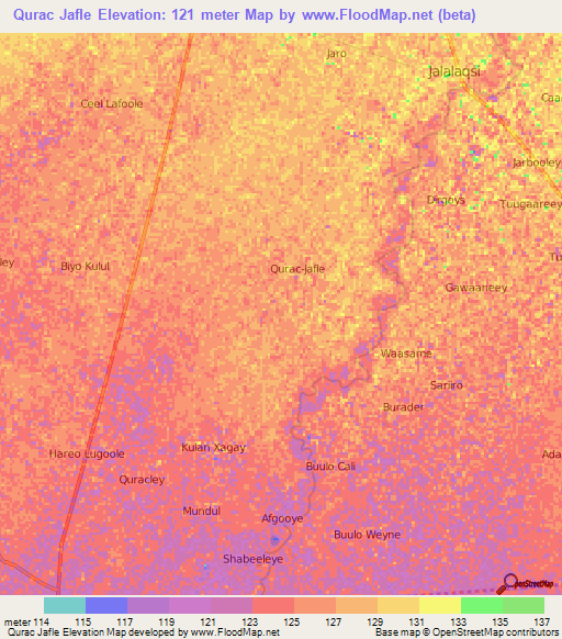 Qurac Jafle,Somalia Elevation Map