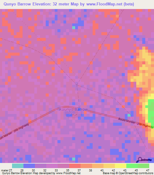 Qunyo Barrow,Somalia Elevation Map
