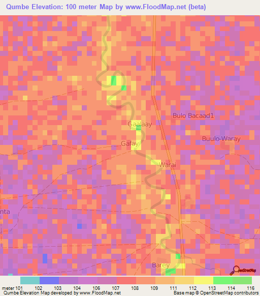 Qumbe,Somalia Elevation Map