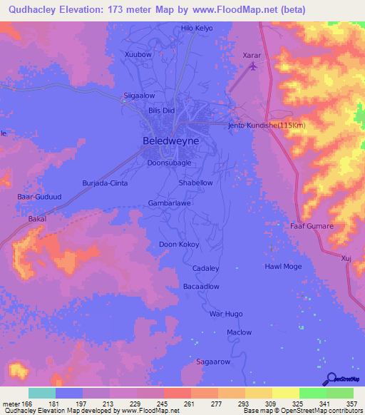 Qudhacley,Somalia Elevation Map