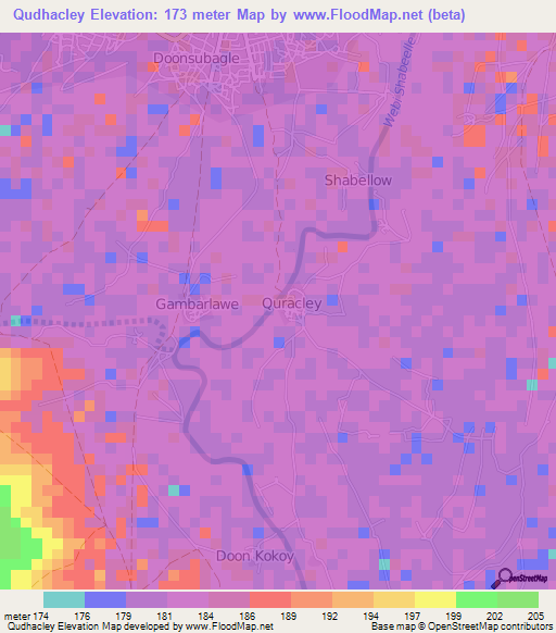 Qudhacley,Somalia Elevation Map