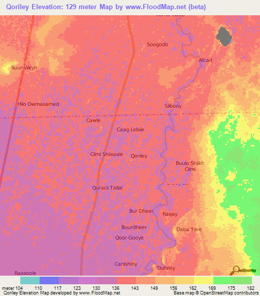Qoriley,Somalia Elevation Map