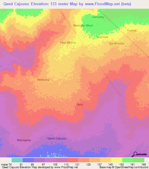 Qeed Cajuuso,Somalia Elevation Map