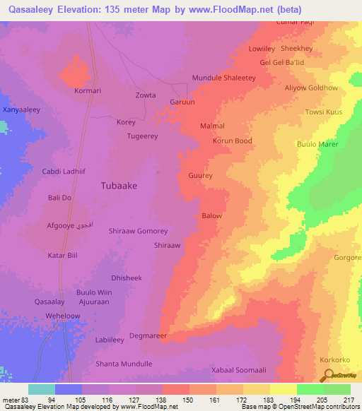 Qasaaleey,Somalia Elevation Map