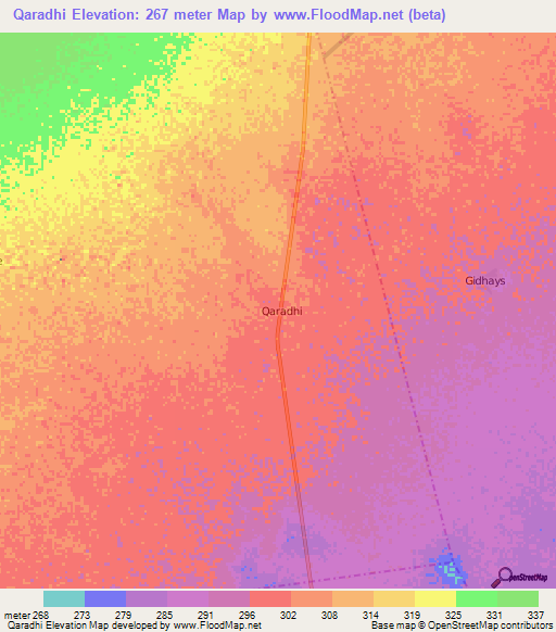 Qaradhi,Somalia Elevation Map