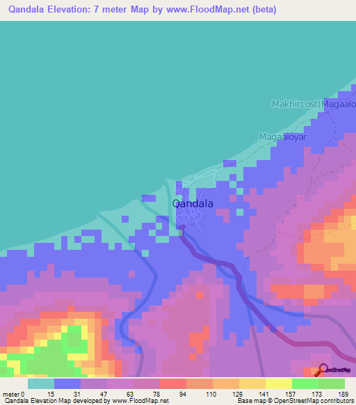 Qandala,Somalia Elevation Map