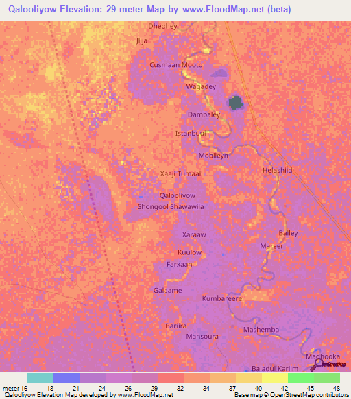 Qalooliyow,Somalia Elevation Map