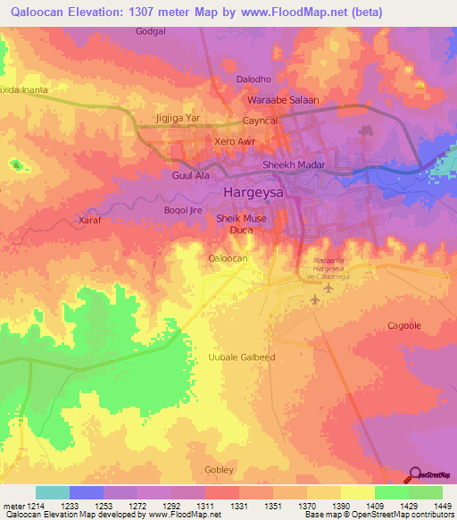 Qaloocan,Somalia Elevation Map