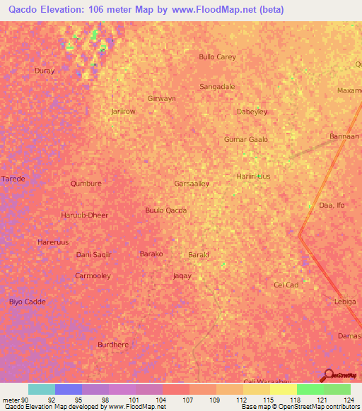 Qacdo,Somalia Elevation Map