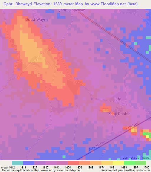 Qabri Dhaweyd,Somalia Elevation Map