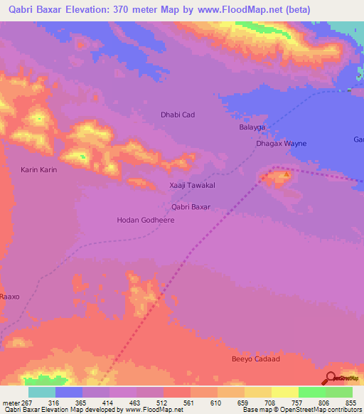 Qabri Baxar,Somalia Elevation Map