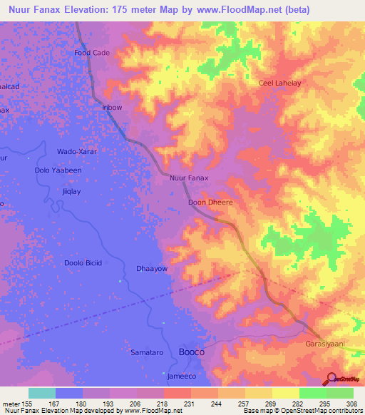 Nuur Fanax,Somalia Elevation Map