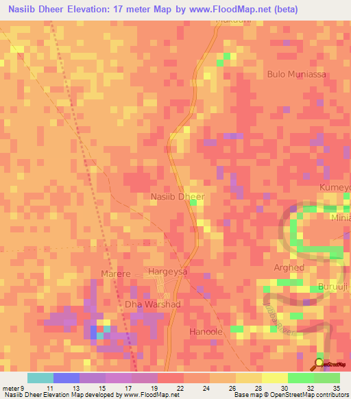 Nasiib Dheer,Somalia Elevation Map