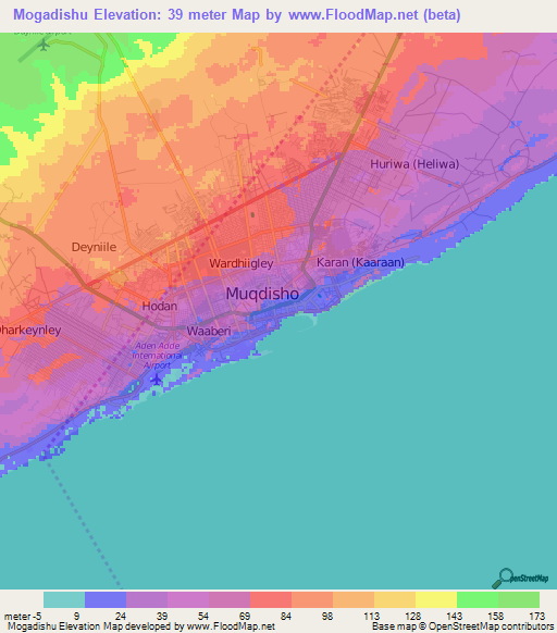 Mogadishu,Somalia Elevation Map