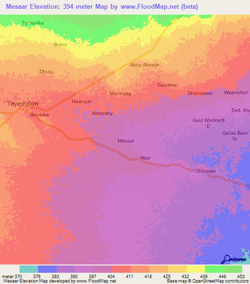 Mesaar,Somalia Elevation Map