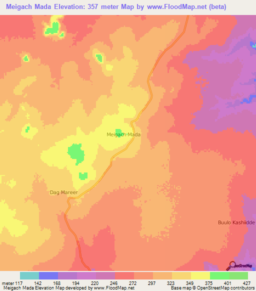 Meigach Mada,Somalia Elevation Map