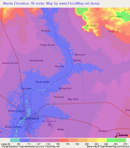 Marda,Somalia Elevation Map