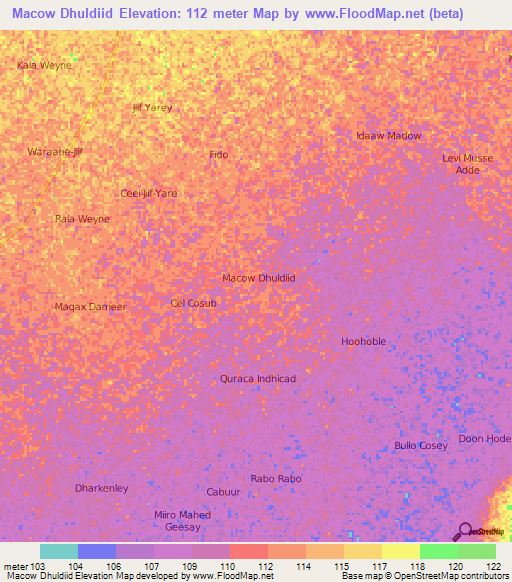Macow Dhuldiid,Somalia Elevation Map