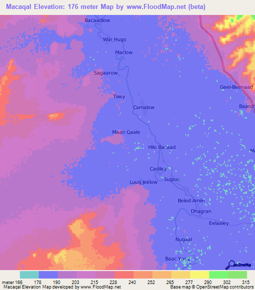 Macaqal,Somalia Elevation Map