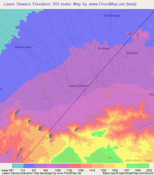 Laaso Dawaco,Somalia Elevation Map