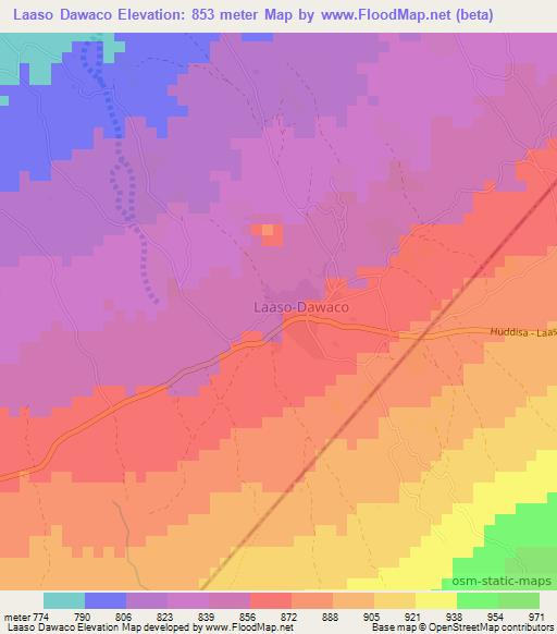 Laaso Dawaco,Somalia Elevation Map