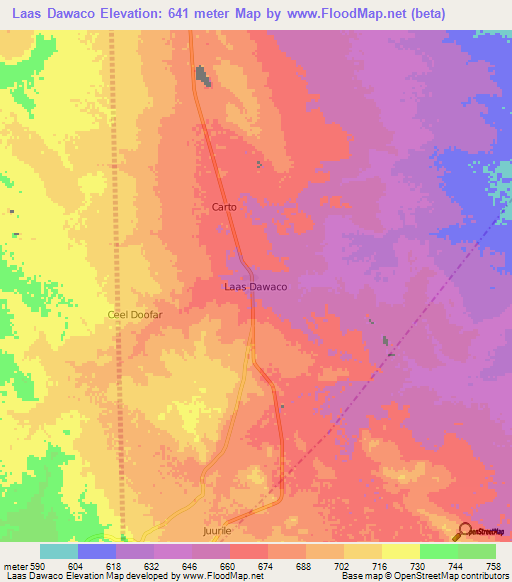 Laas Dawaco,Somalia Elevation Map